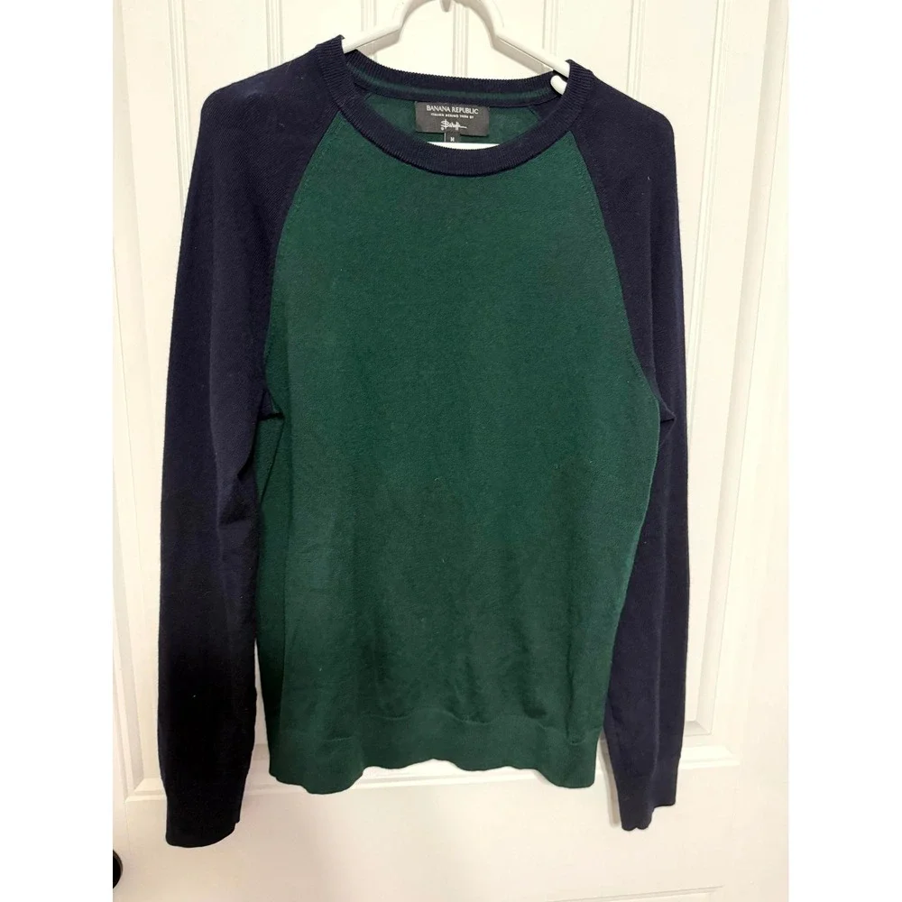 Banana Republic Sweater Mens M Merino Wool Colorblock Raglan Green Navy EUC